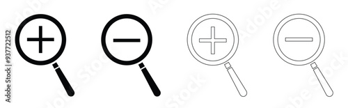 Magnifying glass with plus and minus symbol. Zoom in and Zoom out icon set. Vector illustration