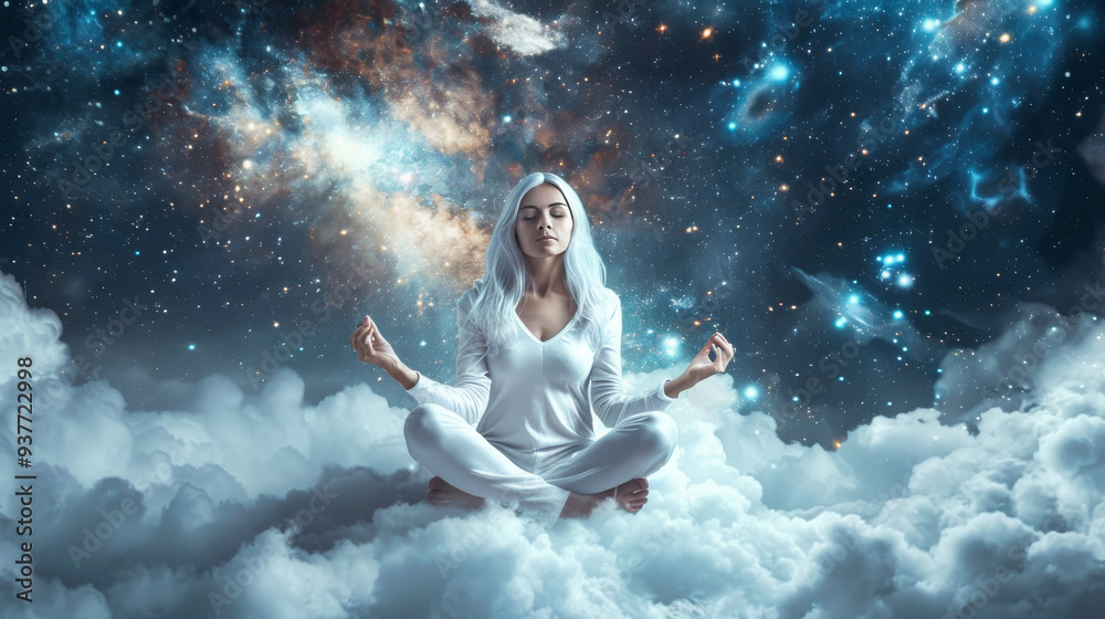 Fototapeta premium A beautiful young woman meditating on clouds