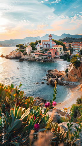 A beautiful view of a coast with a small village on the cliff