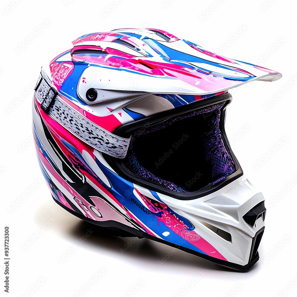 White, Pink, and Blue Motorcycle Helmet with Abstract Design White, Pink, and Blue Motorcycle Helmet with Abstract Design