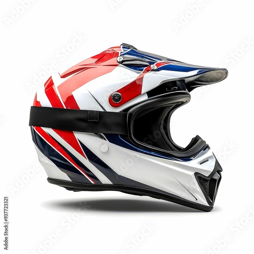 White, Red, and Blue Motorcycle Helmet with Black Strap photo