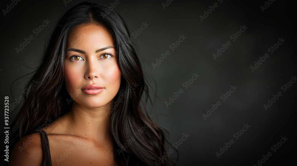 Fototapeta premium A beautiful young woman model against a dark background, with space for text
