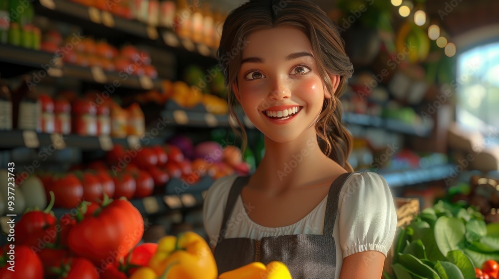 Fototapeta premium A young woman with a bright smile holds colorful peppers in a vibrant grocery store, surrounded by fresh produce and a warm, inviting atmosphere.