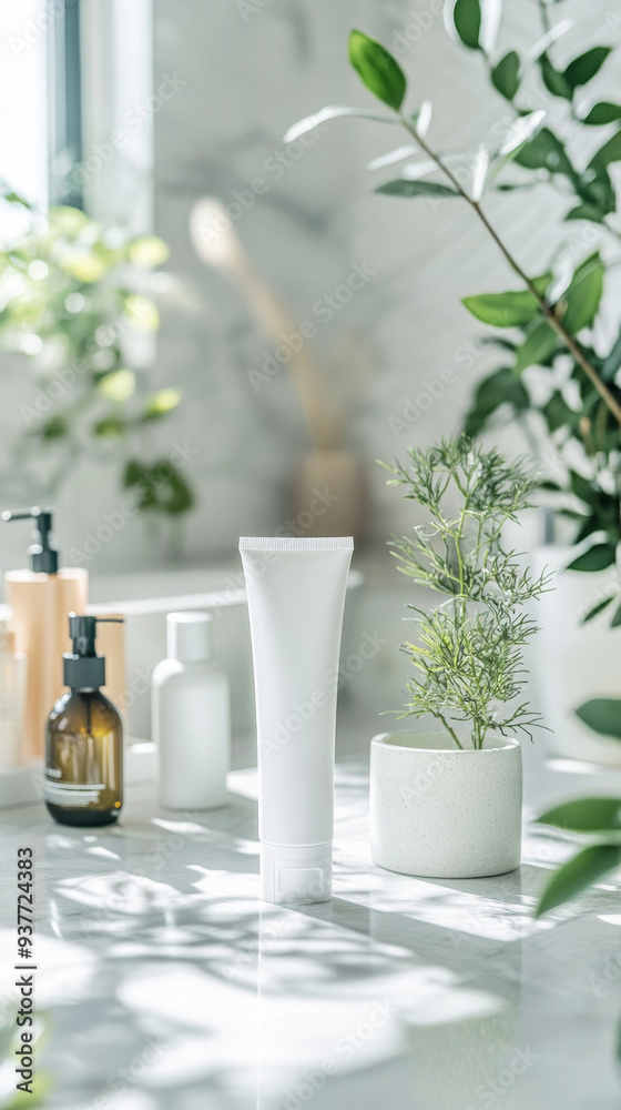 White cosmetic tubes in a modern white bathroom White cosmetic tubes in a modern white bathroom