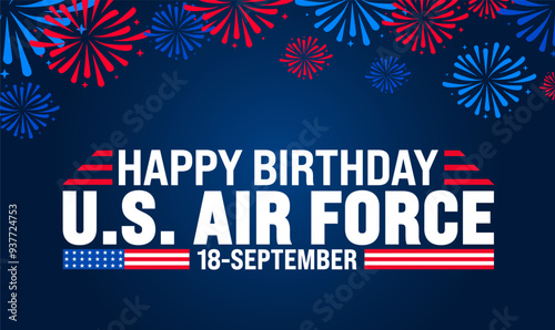 US Air Force birthday background or banner design template with usa flag and fireworks. Holiday concept. Template for background, banner, card, poster, placard, design template with unique shapes.