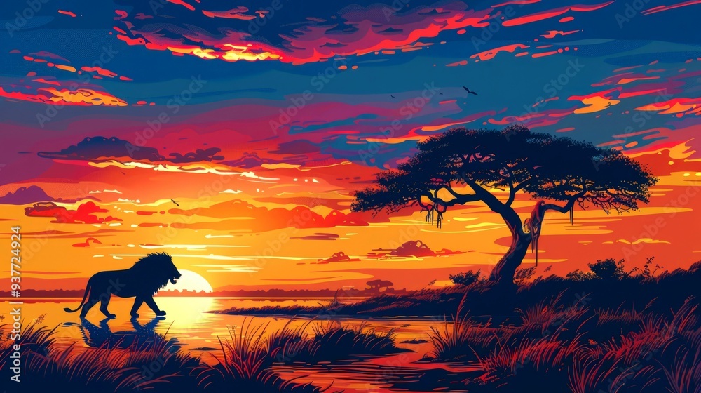 A Silhouette of a Lion Walking Towards a Sunset Over a Waterway
