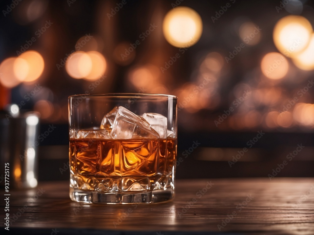 Blurred image of a glass of whiskey on a wooden bar, warm lighting, bokeh in the background, defocused patrons in the background, neon lights reflecting Blurred image of a glass of whiskey on a wooden bar, warm lighting, bokeh in the background, defocused patrons in the background, neon lights reflecting