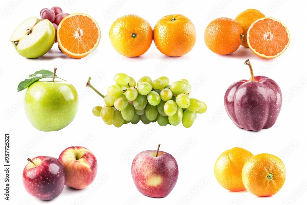 A collection of various fruits arranged on a white surface
