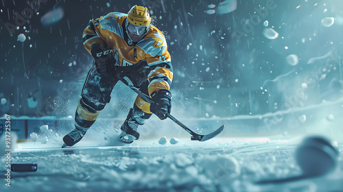 Hockey player woman with ball in attack playing field hockey game.