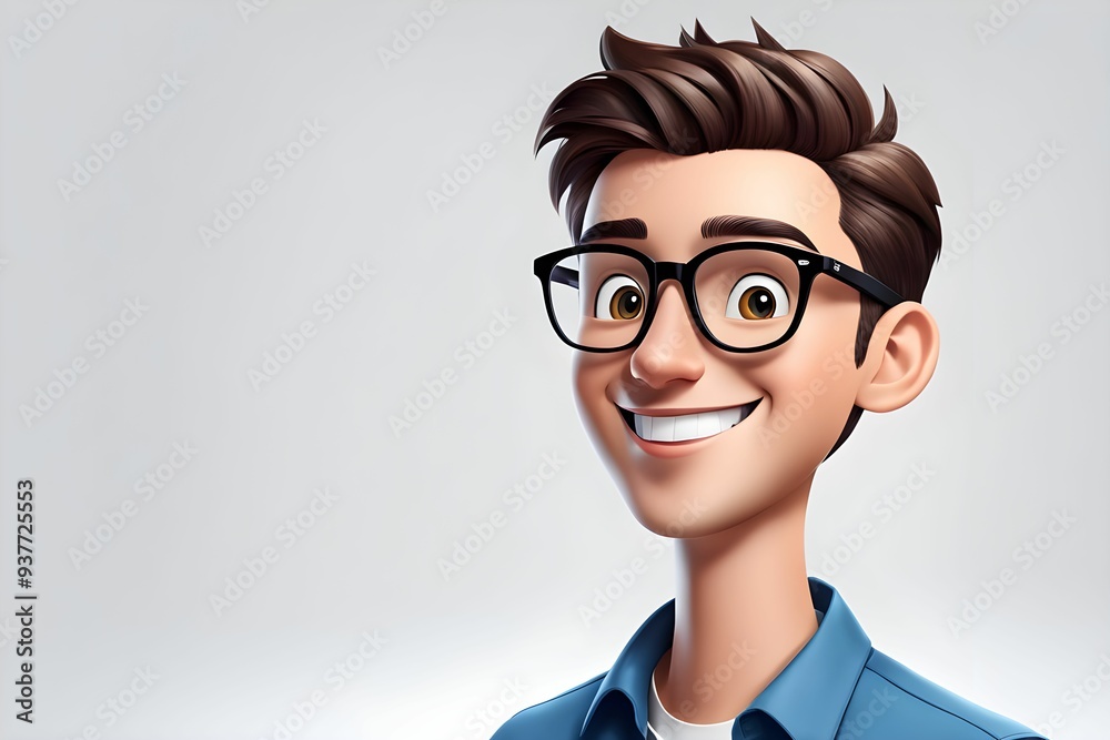 Happy smiling cartoon character young man in 3D style wearing glasses on white background Happy smiling cartoon character young man in 3D style wearing glasses on white background