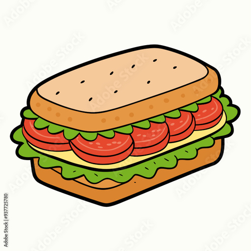 Delicious Tomato Sandwich: A cartoon illustration of a mouthwatering sandwich with fresh tomatoes, lettuce, and cheese, perfect for menu designs, food blogs, and social media posts.  