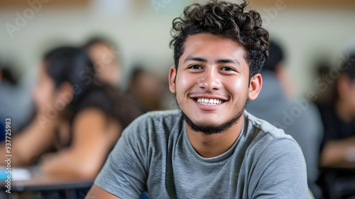 Smiling Latino Male Student in Classroom other students in the background