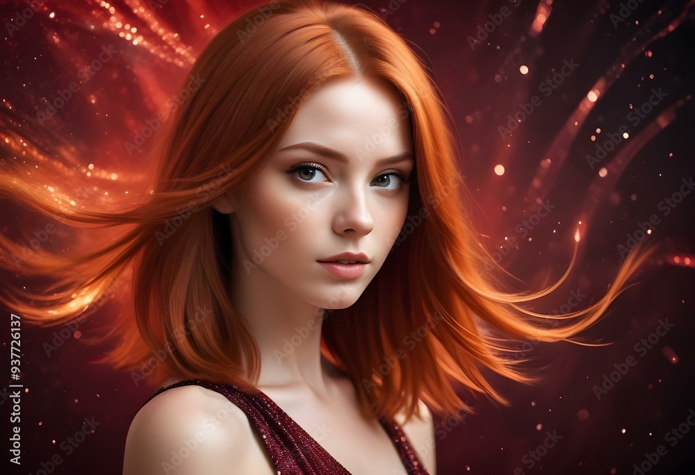 Beautiful girl model portrait on a flowing red, blue and black abstract background with soft, wavy shapes and subtle sparkles Beautiful girl model portrait on a flowing red, blue and black abstract background with soft, wavy shapes and subtle sparkles