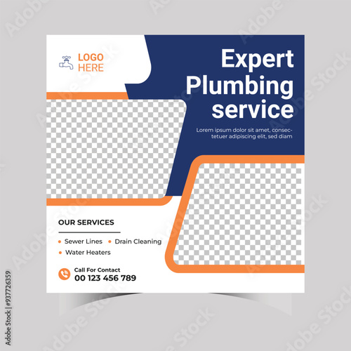 Plumbing service social media post design. Professional plumbing service template