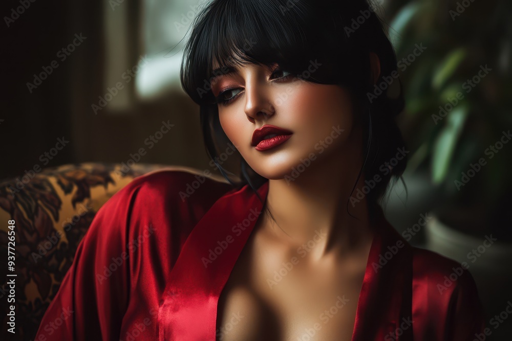 a woman in red lingerie sitting on a couch a woman in red lingerie sitting on a couch