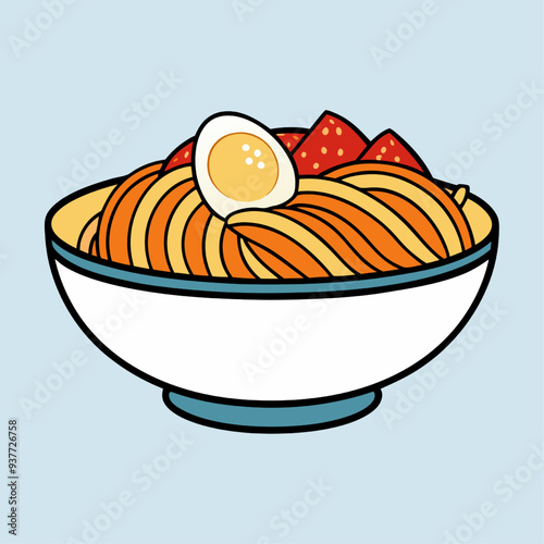 Strawberry Noodle Bowl:  A vibrant and whimsical illustration of a bowl of noodles topped with a halved egg and fresh strawberries, evoking a playful and delicious culinary experience. 