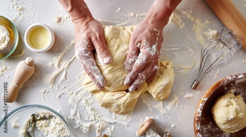 The hands kneading dough photo