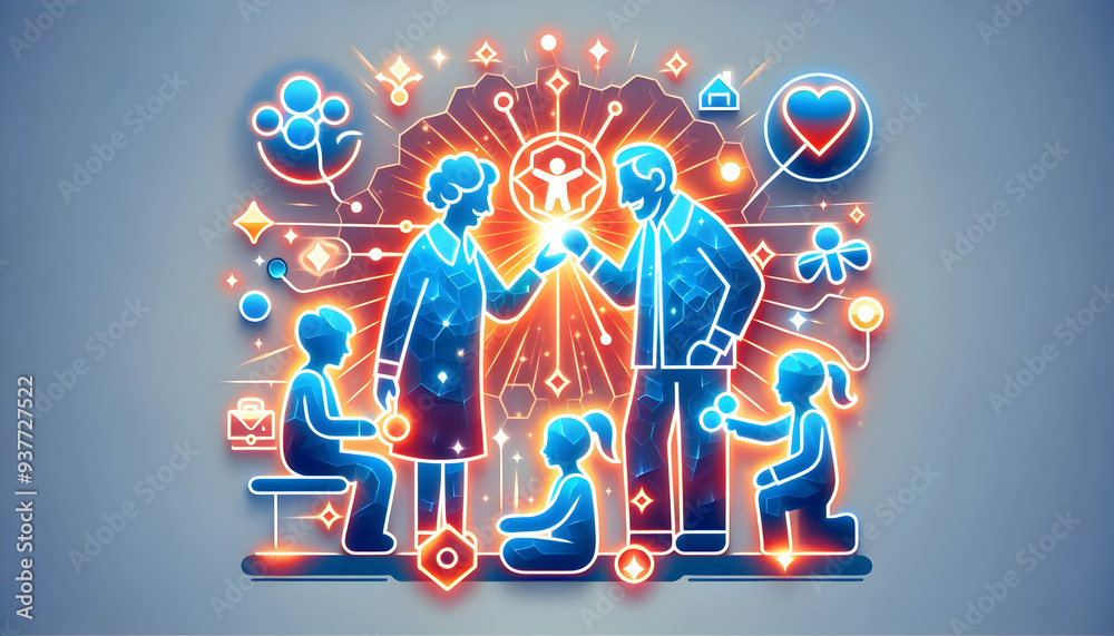 Obraz premium Glowing Abstract Grandparents and Grandchildren Playing concept as A dynamic digital art banner featuring glowing abstract icons of grandparents and grandchildren playing together. The design radiates