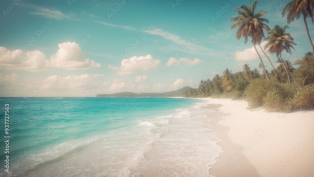 Bright beach with swaying palms, blue sky, white sand, turquoise sea, and gentle waves, enhanced by a warm, vintage glow Bright beach with swaying palms, blue sky, white sand, turquoise sea, and gentle waves, enhanced by a warm, vintage glow
