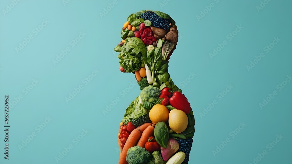 Vibrant Nourishment A Captivating 3D Rendering of a Human Figure Composed of Healthy Foods Vibrant Nourishment A Captivating 3D Rendering of a Human Figure Composed of Healthy Foods