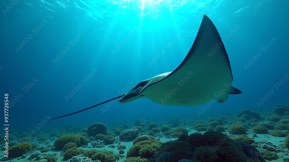 Fototapeta premium big stingray swims in red sea, underwater shooting, corals