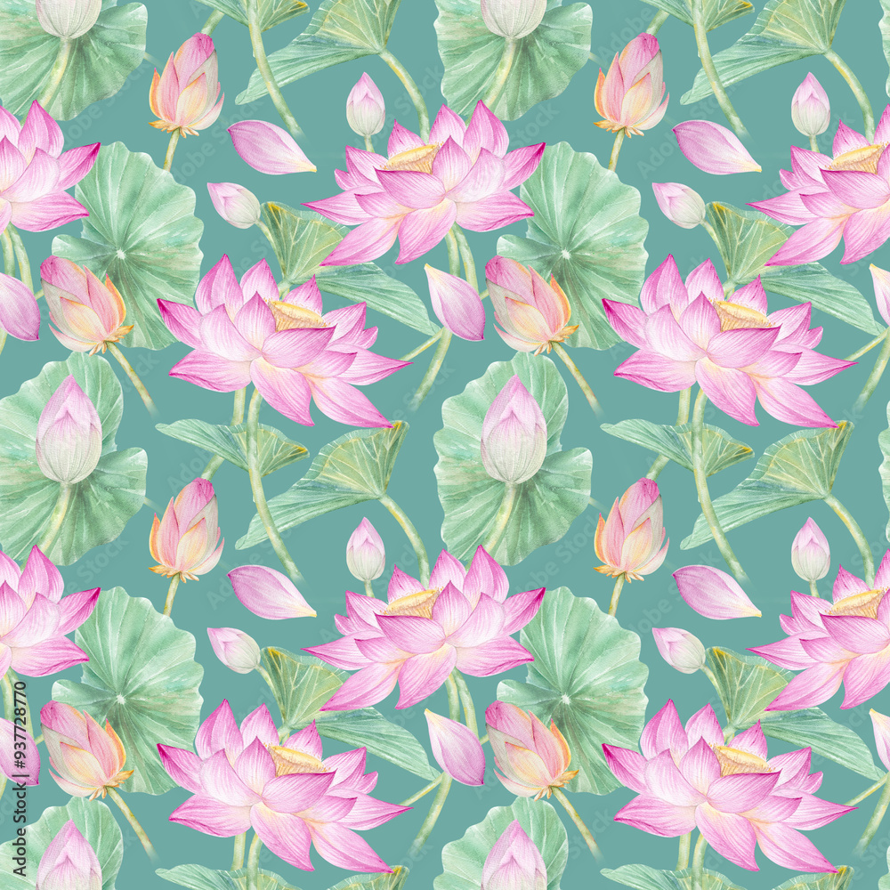 Seamless pattern with watercolor flowers lotuses lotuses, buds and leaves. Watercolor illustration, hand drawn lotuses for design Seamless pattern with watercolor flowers lotuses lotuses, buds and leaves. Watercolor illustration, hand drawn lotuses for design