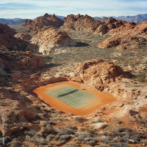 a tennis court in the desert surrounded by rocks