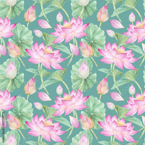 Wallpaper Mural Seamless pattern with watercolor flowers lotuses lotuses, buds and leaves. Watercolor illustration, hand drawn lotuses for design Torontodigital.ca