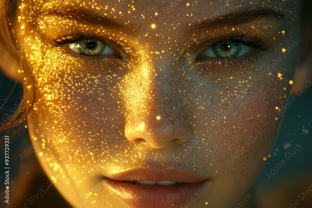 Close up of a womans face with golden sparkles symbolizing the fusion of beauty and technology in a futuristic digital world Close up of a womans face with golden sparkles symbolizing the fusion of beauty and technology in a futuristic digital world