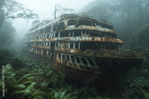 an abandoned ship in the jungle photo