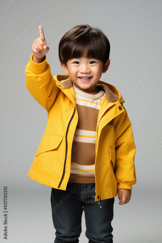 young Asian kid wearing a yellow outfit is pointing, isolated on a white isolated background young Asian kid wearing a yellow outfit is pointing, isolated on a white isolated background