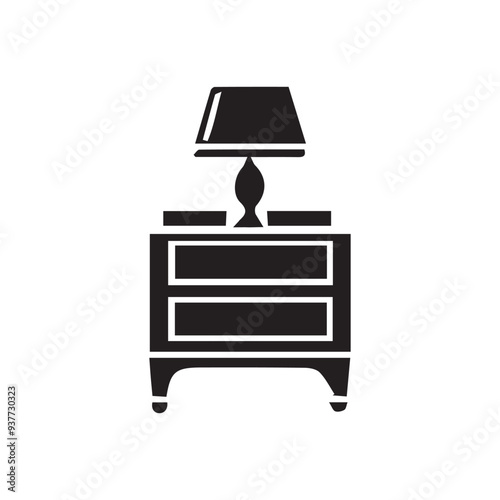 Simple silhouette of a bedside table with a lamp and books.