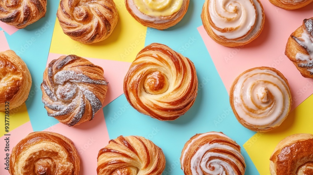 Delicious Sweet Pastry on Colored Background Delicious Sweet Pastry on Colored Background