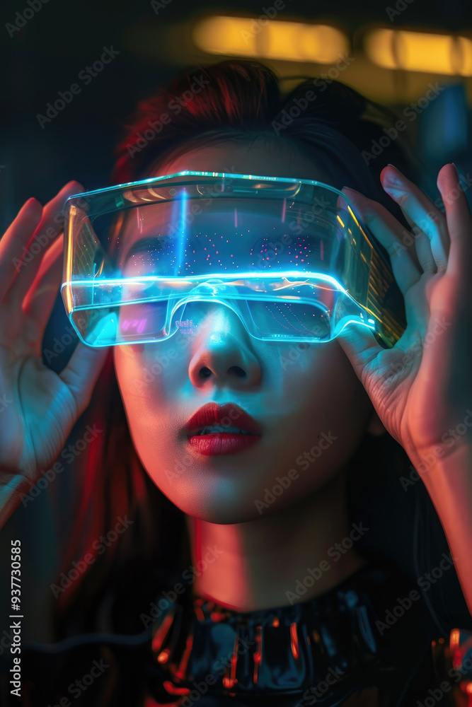 A young woman adjusts her illuminated glasses, surrounded by a colorful urban atmosphere at night A young woman adjusts her illuminated glasses, surrounded by a colorful urban atmosphere at night