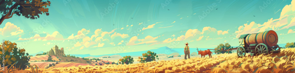 A farmer and his loyal dog walk through golden wheat fields with a wagon under a vibrant blue sky filled with wispy clouds A farmer and his loyal dog walk through golden wheat fields with a wagon under a vibrant blue sky filled with wispy clouds