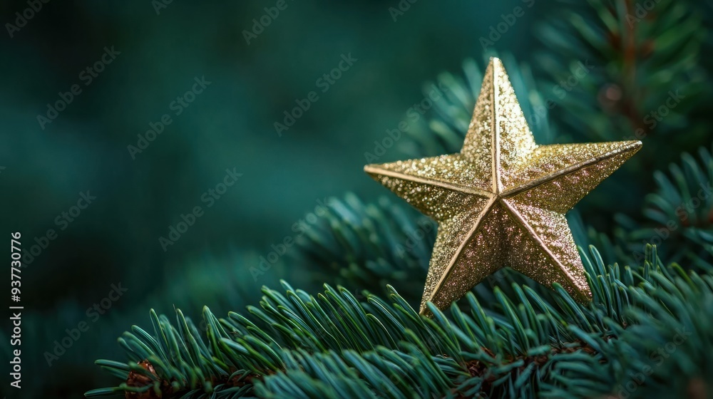 Shining Christmas Star atop Festive Tree on Green Background
