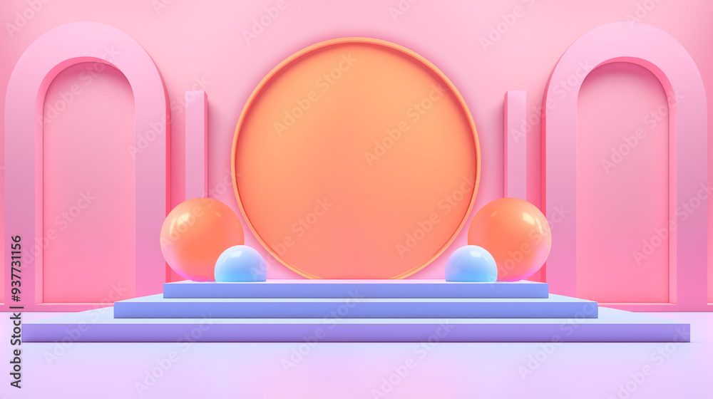 3D rendering of a pink blue and orange abstract geometric background with a podium. Generative AI. 3D rendering of a pink blue and orange abstract geometric background with a podium. Generative AI.