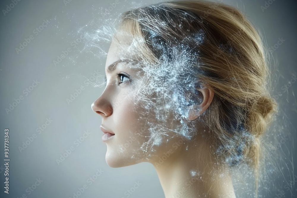 Profile of a woman with ethereal mist surrounding her symbolizing the serene blend of nature and advanced technology in a futuristic digital world Profile of a woman with ethereal mist surrounding her symbolizing the serene blend of nature and advanced technology in a futuristic digital world