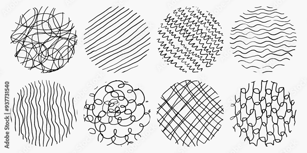 Set of circles with different pencil hatching, patterns. Doodle hand-drawn elements, spirals, crosshatch, lines, scratches. Chaotic vector strokes. Set of circles with different pencil hatching, patterns. Doodle hand-drawn elements, spirals, crosshatch, lines, scratches. Chaotic vector strokes.