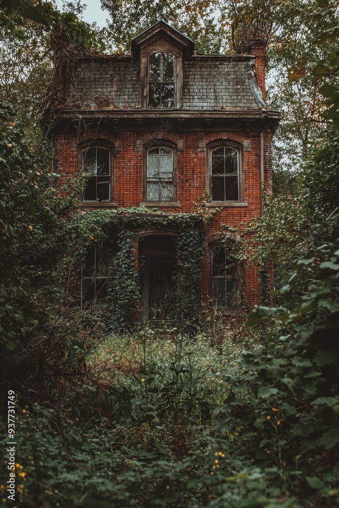 Abandoned Brick House in Overgrown Forest Abandoned Brick House in Overgrown Forest