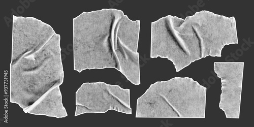 Set of halftone collage elements isolated on dark background. Torn pieces of paper tape with jagged edges. Cut and ripped sheets, vector illustration.