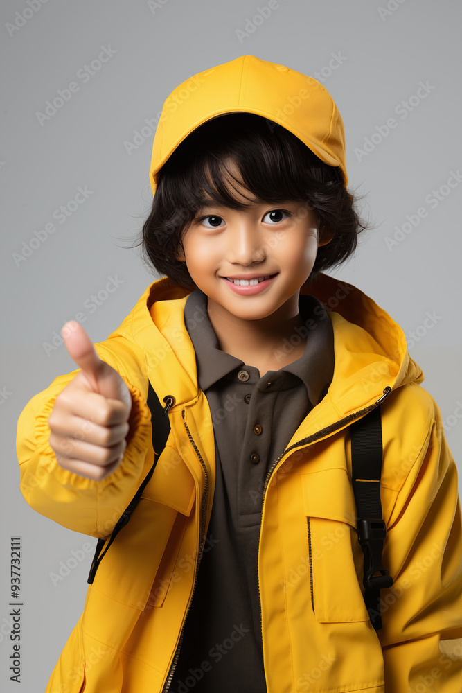 young Asian kid wearing a yellow outfit is doing a thumb up, isolated on a white isolated background young Asian kid wearing a yellow outfit is doing a thumb up, isolated on a white isolated background