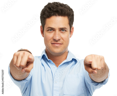 Studio, opportunity and man in portrait pointing at you for offer, choice review or happy reward. Announcement, vote and person with smile showing direction, deal info or opinion on white background