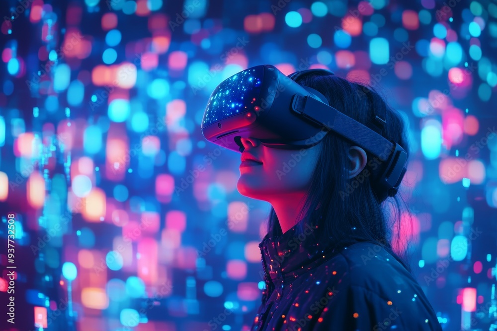 Close up of a woman in a vibrant neon lit environment wearing a VR headset symbolizing the energetic and immersive experiences of modern technology Close up of a woman in a vibrant neon lit environment wearing a VR headset symbolizing the energetic and immersive experiences of modern technology
