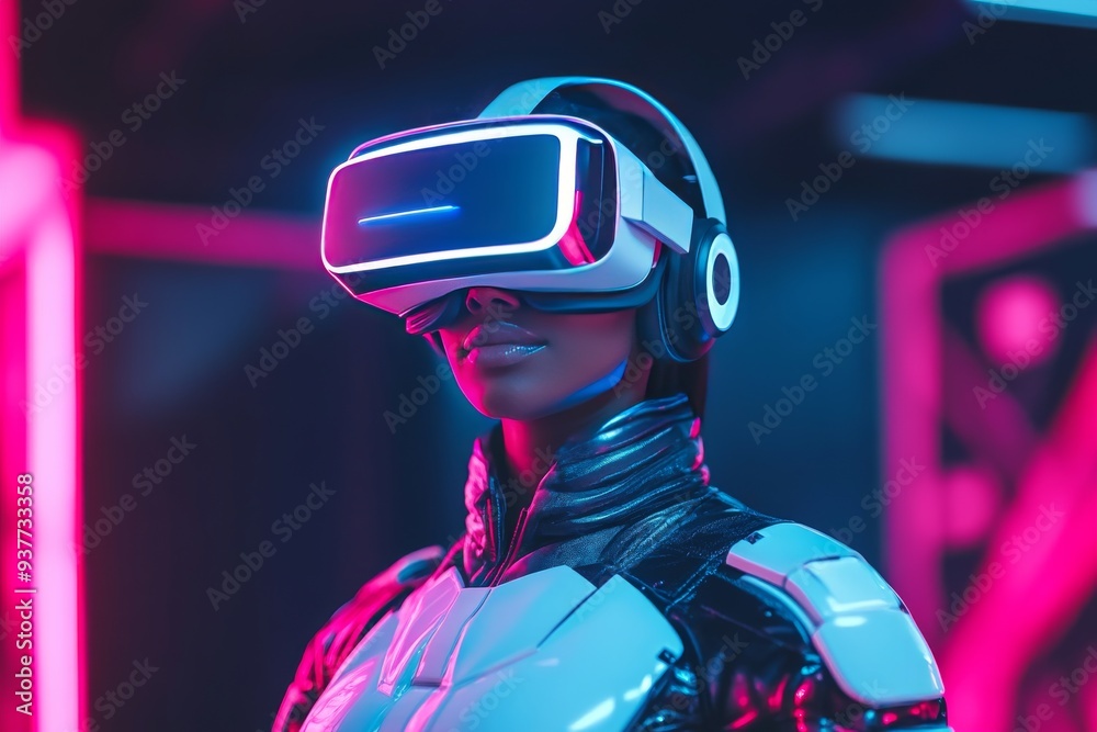Futuristic android wearing a VR headset bathed in neon light symbolizing the fusion of artificial intelligence and virtual reality in a high tech digital era