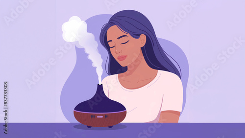 A digital illustration of a woman enjoying the soothing aroma from an essential oil diffuser, with her eyes closed in relaxation, set against a soft purple background. photo