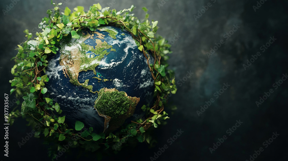 Green ivy is growing around planet earth globe on black background, ecology and environmental concept Green ivy is growing around planet earth globe on black background, ecology and environmental concept