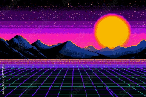 8bits pixel art of 80s-style depicting an endless grid, with a purple and blue color scheme and a neon yellow sun in the sky photo