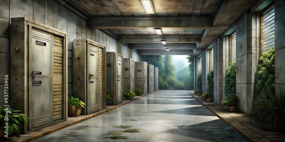 Obraz premium Covered walkway with symmetrical columns and greenery.