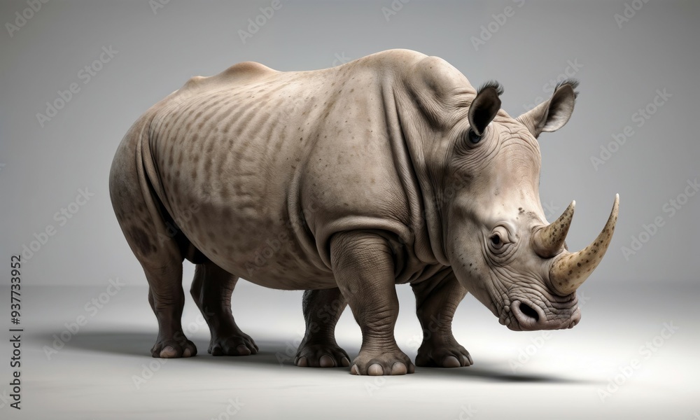 Fototapeta premium A detailed 3D model of a rhinoceros positioned on a clean white surface